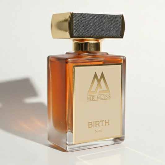 Perfume bottle labelled Birth on a white background